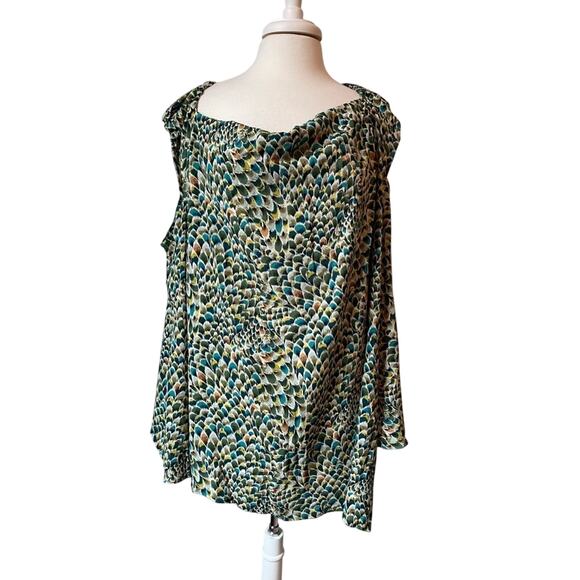 NWOT Artsy Colorful Peacock Cold shoulder Bell 3/4 Sleeve Asymmetrical Blouse 3X - Picture 6 of 11